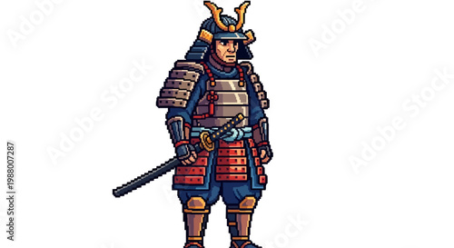 Pixel Art Samurai Warrior in Traditional Armor.