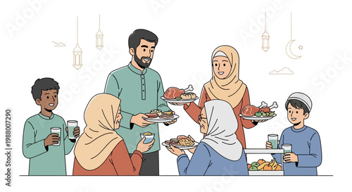 A cheerful Muslim family depicted in a bright vector illustration is celebrating Eid with a meat donation, sharing food with loved ones in a display of charity and community spirit