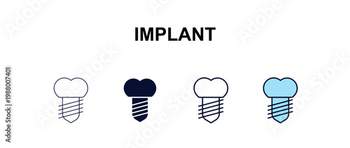 implant multi-style outline icon set - dentist concept. Thin line, regular, filled, colored implant icon