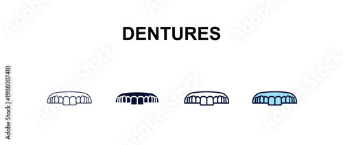 dentures multi-style outline icon set - dentist concept. Thin line, regular, filled, colored dentures icon