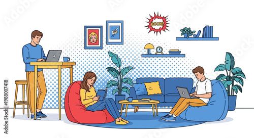 Young people working on laptops in a modern coworking space.