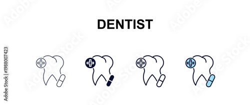 dentist multi-style outline icon set - dentist concept. Thin line, regular, filled, colored dentist icon