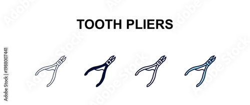 tooth pliers multi-style outline icon set - dentist concept. Thin line, regular, filled, colored tooth pliers icon