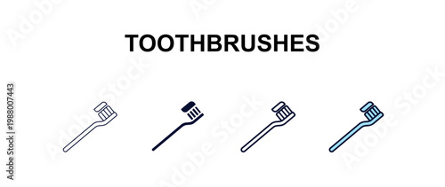 toothbrushes multi-style outline icon set - dentist concept. Thin line, regular, filled, colored toothbrushes icon