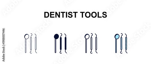dentist tools multi-style outline icon set - dentist concept. Thin line, regular, filled, colored dentist tools icon