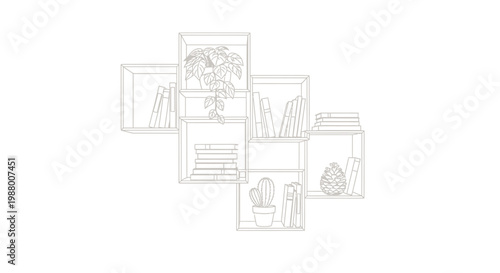 A minimalist line drawing depicts interconnected cubic shelves holding books plants and decorative objects