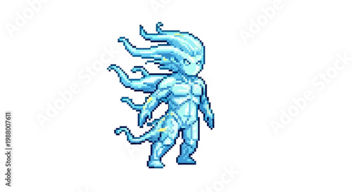 Pixel Art Ice Elemental Creature with Multiple Arms.