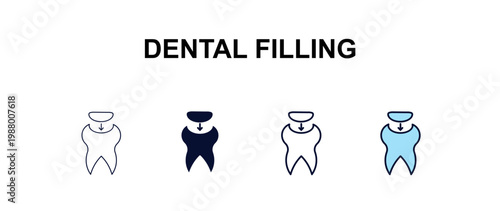 dental filling multi-style outline icon set - dentist concept. Thin line, regular, filled, colored dental filling icon