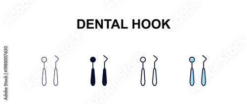 dental hook multi-style outline icon set - dentist concept. Thin line, regular, filled, colored dental hook icon