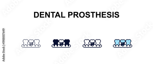 dental prosthesis multi-style outline icon set - dentist concept. Thin line, regular, filled, colored dental prosthesis icon