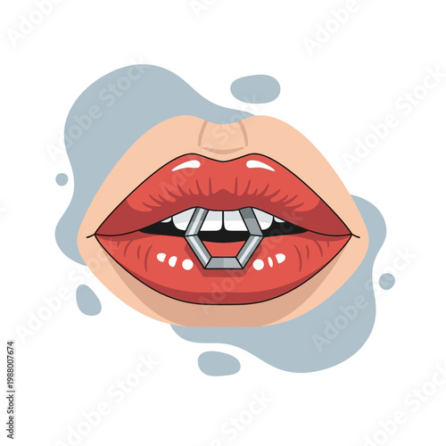 Close-up of red lips with a metallic hexagonal shape between the teeth, symbolizing communication and style.