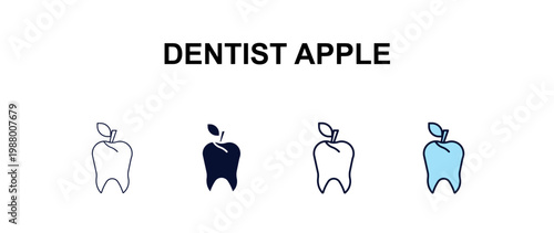 dentist apple multi-style outline icon set - dentist concept. Thin line, regular, filled, colored dentist apple icon