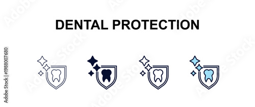dental protection multi-style outline icon set - dentist concept. Thin line, regular, filled, colored dental protection icon