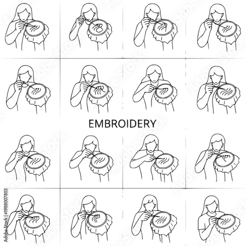 hand-drawn embroidery hoop illustrations with step-by-step stitching process flat design