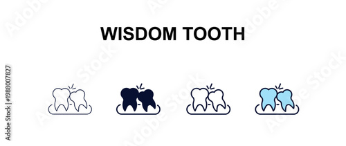 wisdom tooth multi-style outline icon set - dentist concept. Thin line, regular, filled, colored wisdom tooth icon