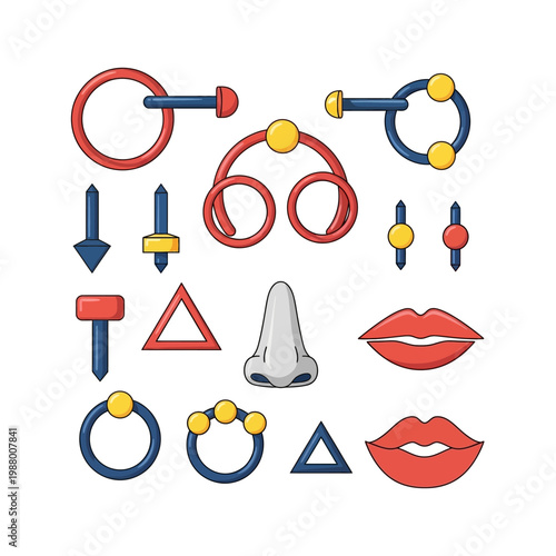 Collection of flat design icons representing various body piercings and jewelry, including nose rings, lip rings, and ear studs.