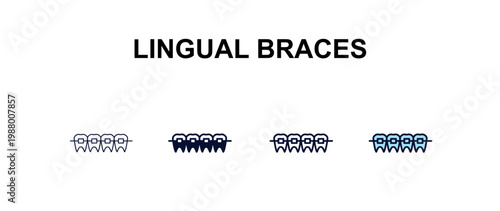 lingual braces multi-style outline icon set - dentist concept. Thin line, regular, filled, colored lingual braces icon