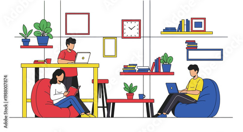 Young people working on laptops in a modern co-working space.