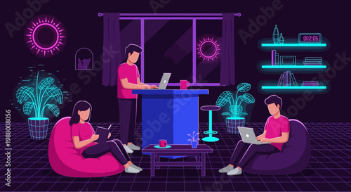 Young people working on laptops in a modern neon-lit room.