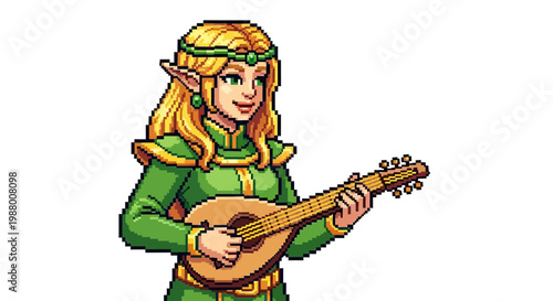 Pixel Art Elf Bard Playing Lute.
