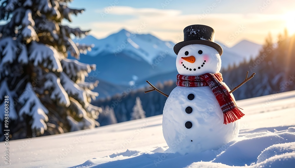 Obraz premium A snowman in a winter landscape with mountains and trees