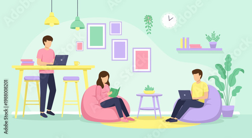 Young people studying and working together in a modern living room.