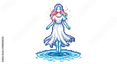 Pixel Art Ethereal Woman Floating Above Water.