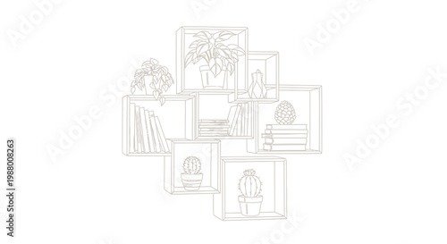 A minimalist arrangement of cubic shelves displays potted plants books and decorative objects