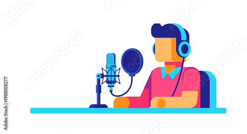 Podcaster Speaking into Microphone with Headphones.