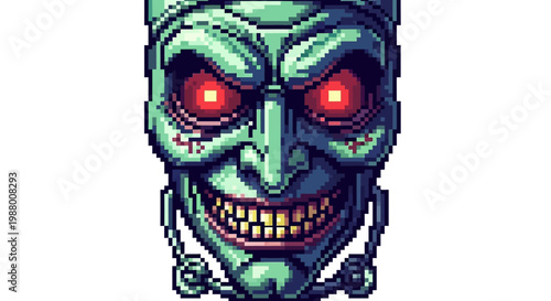 Pixel Art Evil Jester Mask with Glowing Red Eyes.