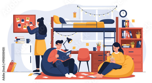 Students studying together in a dorm room setting.