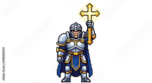 Pixel Art Knight Holding Glowing Cross Symbol.