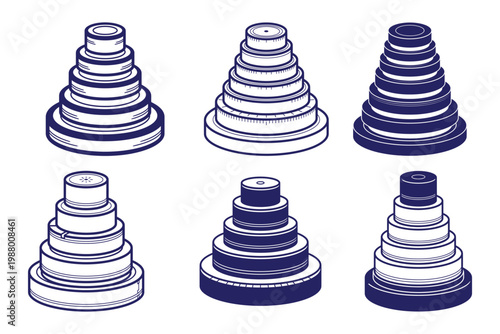 Stack of industrial rings isometric view vector line art illustration of mechanical washer components on white surface.