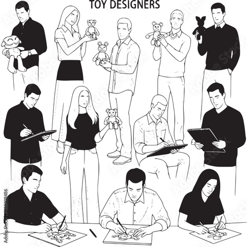team of diverse toy designers collaborating on creative sketches and prototypes in modern studio