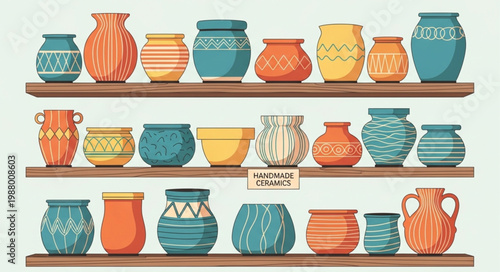 Collection of diverse ceramic vases and pottery displayed on shelves.