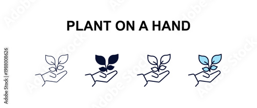 plant on a hand multi-style outline icon set - ecology concept. Thin line, regular, filled, colored plant on a hand icon