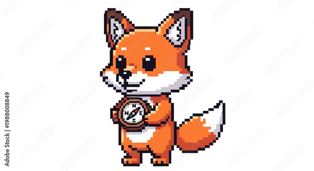 Obraz premium Pixel Art Fox Holding a Compass Illustration.
