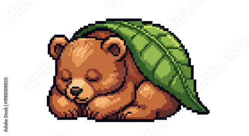 Pixel Art Sleeping Bear Under Green Leaf.