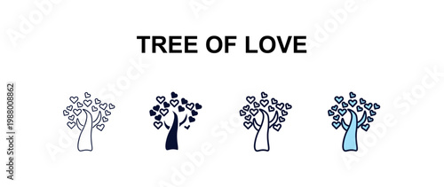 tree of love multi-style outline icon set - ecology concept. Thin line, regular, filled, colored tree of love icon