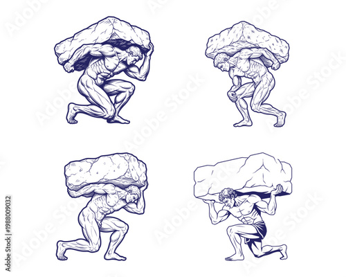 Atlas carrying heavy stone, mythological titan bearing world burden, powerful man in athletic pose, classical sculpture inspiration, strong physique.