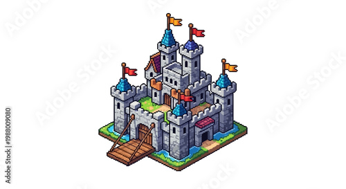 Pixel Art Medieval Castle Fortress Isometric View.