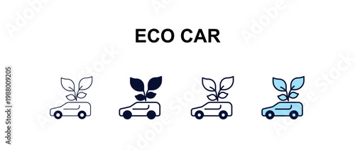 eco car multi-style outline icon set - ecology concept. Thin line, regular, filled, colored eco car icon