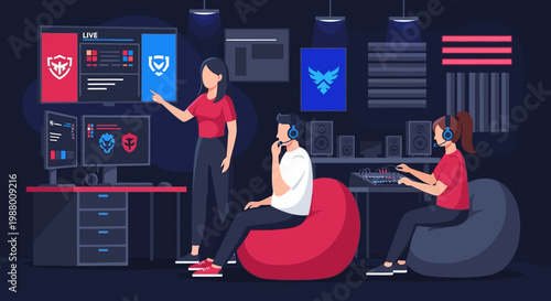 Team collaborating on technology project in modern office.