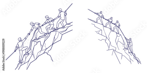 Team of climbers ascending a rugged mountain, demonstrating teamwork and perseverance in extreme sports.