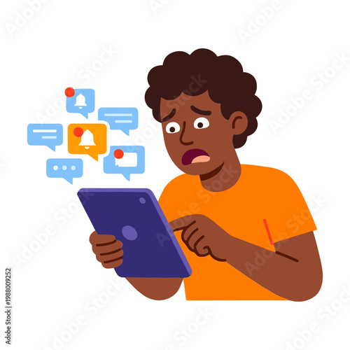 A young boy reacts to multiple notifications on his tablet with concern