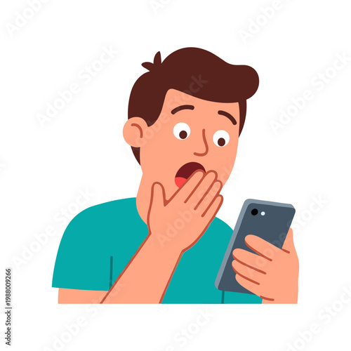 Man shocked looking at phone with astonished expression on face