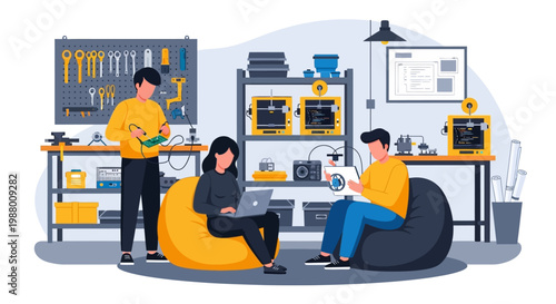 Team of young people working in a modern workshop.