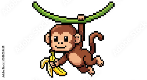 Pixel Art Monkey Swinging with Banana.