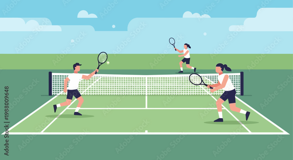 Obraz premium Four people playing doubles tennis match.