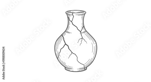 A detailed black and white illustration of a cracked ceramic vase with a narrow neck